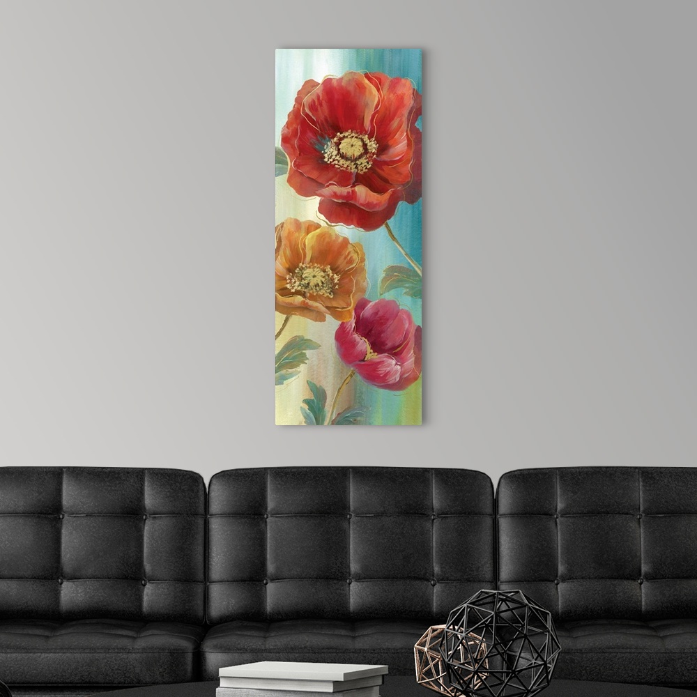 A modern room featuring Large panel painting of poppy flowers in orange, red, pink, and purple with metallic gold outline...