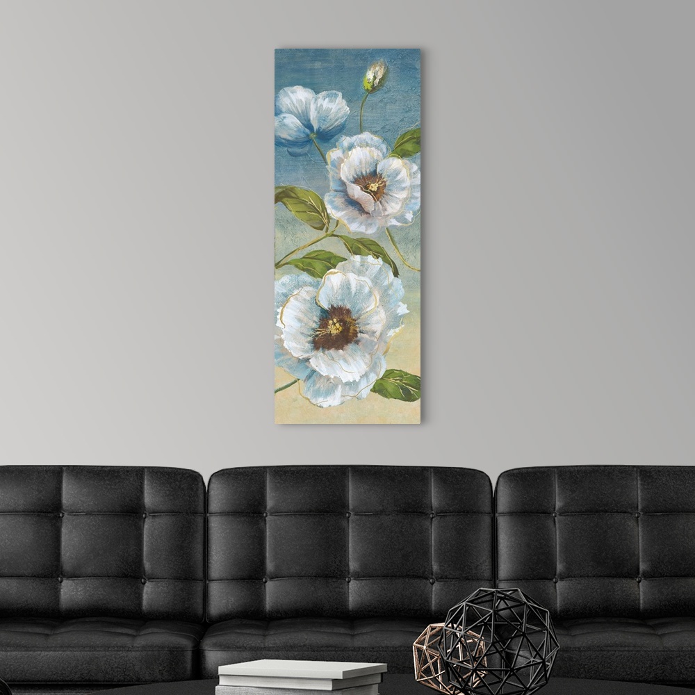 A modern room featuring Tall panel painting of white poppies with metallic gold highlights on a blue and tan background.