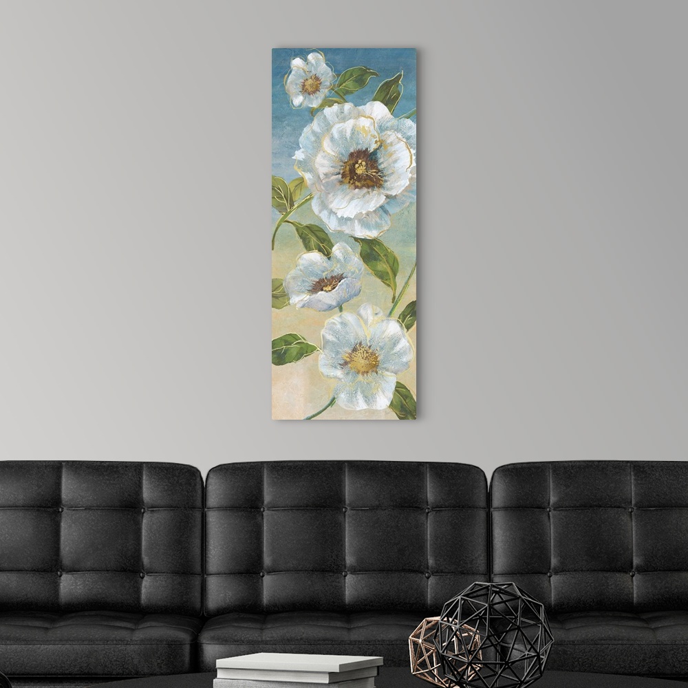 A modern room featuring Tall panel painting of white poppies with metallic gold highlights on a blue and tan background.