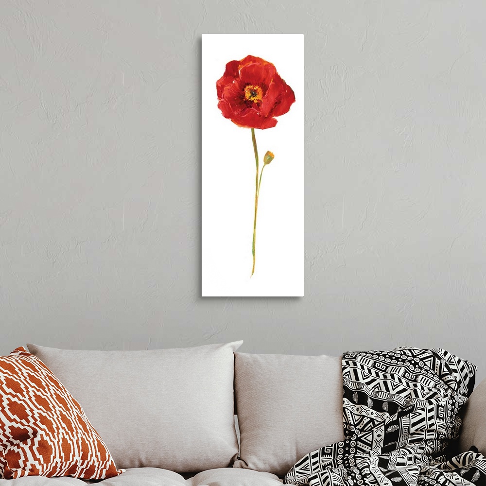 A bohemian room featuring Tall contemporary painting of a red poppy flower with a long stem on a solid white background.