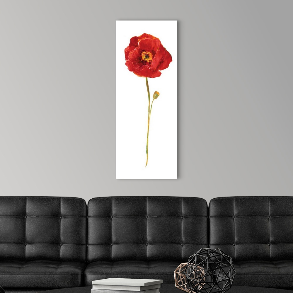 A modern room featuring Tall contemporary painting of a red poppy flower with a long stem on a solid white background.