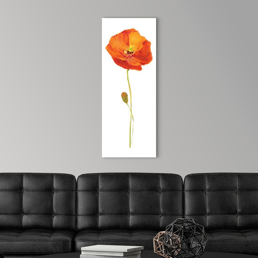 A modern room featuring Tall contemporary painting of an orange poppy flower with a long stem on a solid white background.