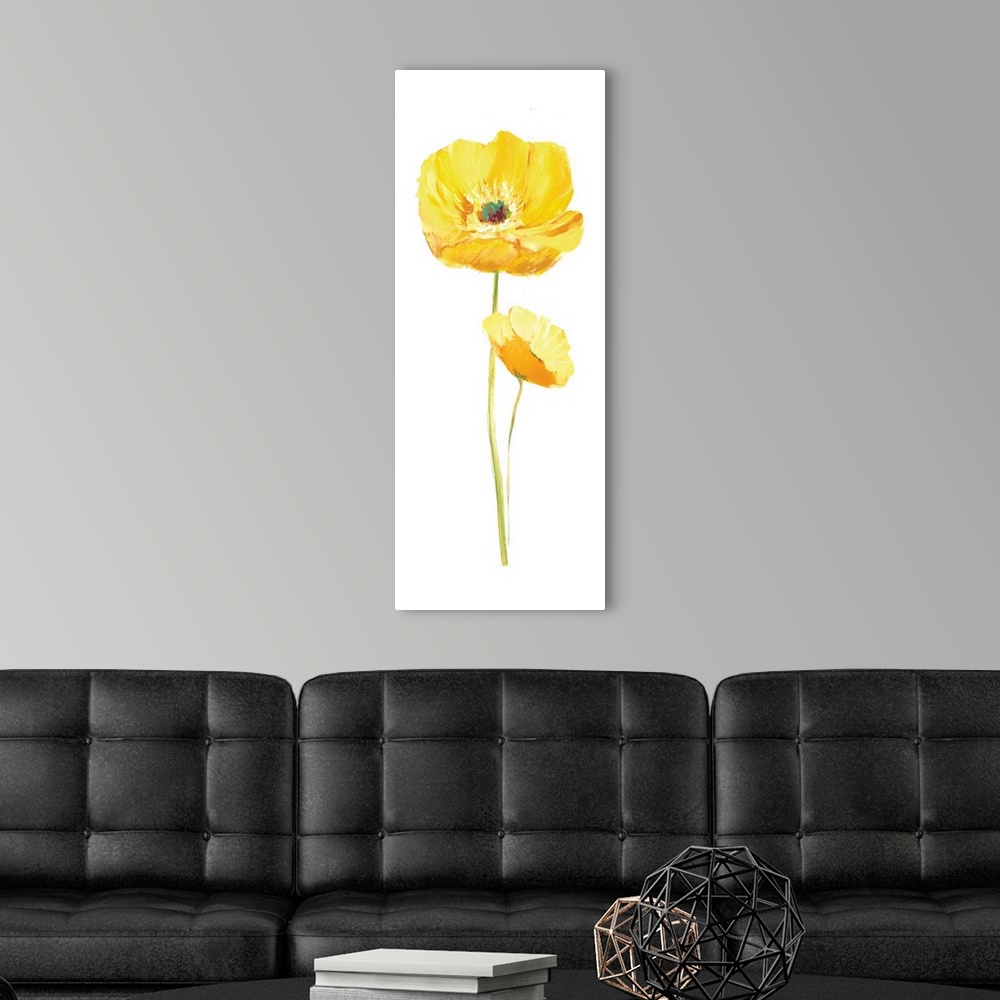 A modern room featuring Tall contemporary painting of two yellow poppy flowers with a long stem on a solid white background.