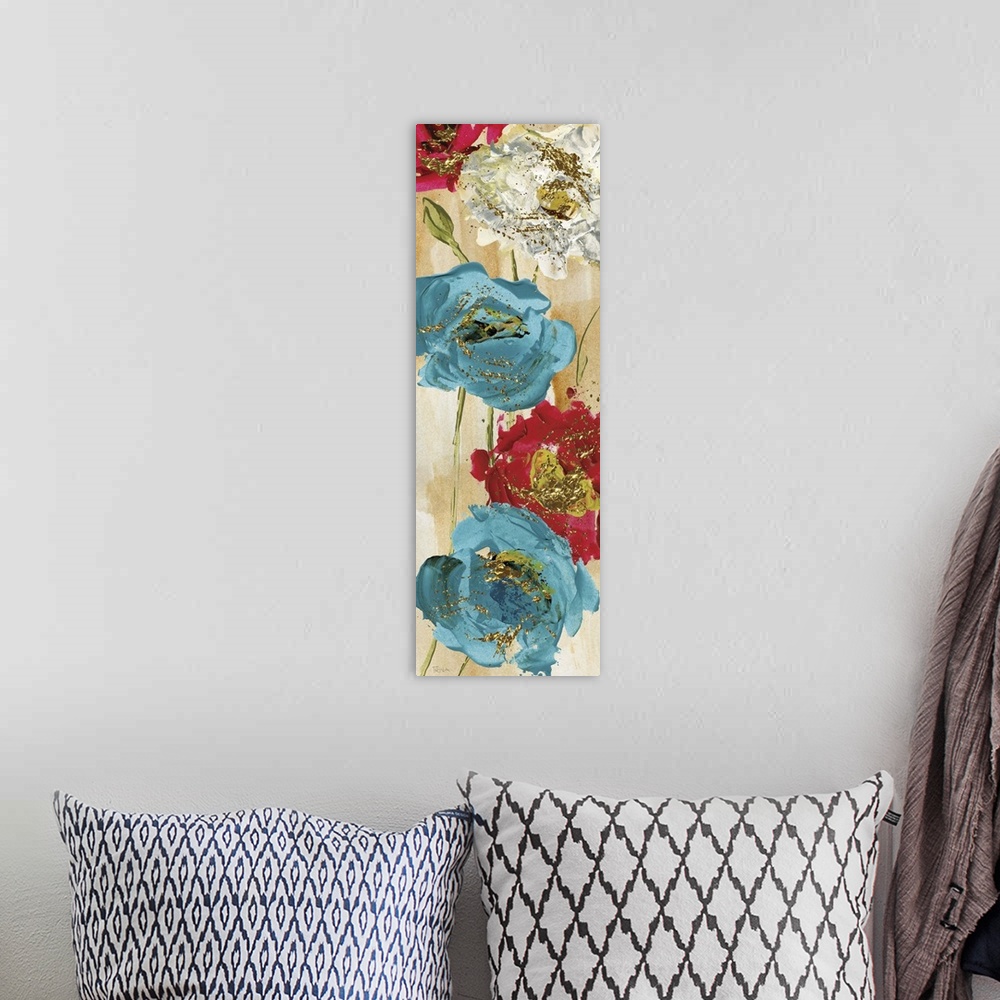 A bohemian room featuring Tall contemporary painting of red, white, and blue poppy flowers on a faint gold background with ...
