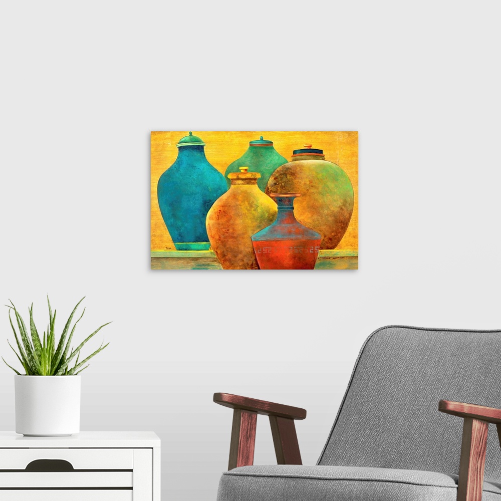 A modern room featuring Still life painting of colorful pottery.