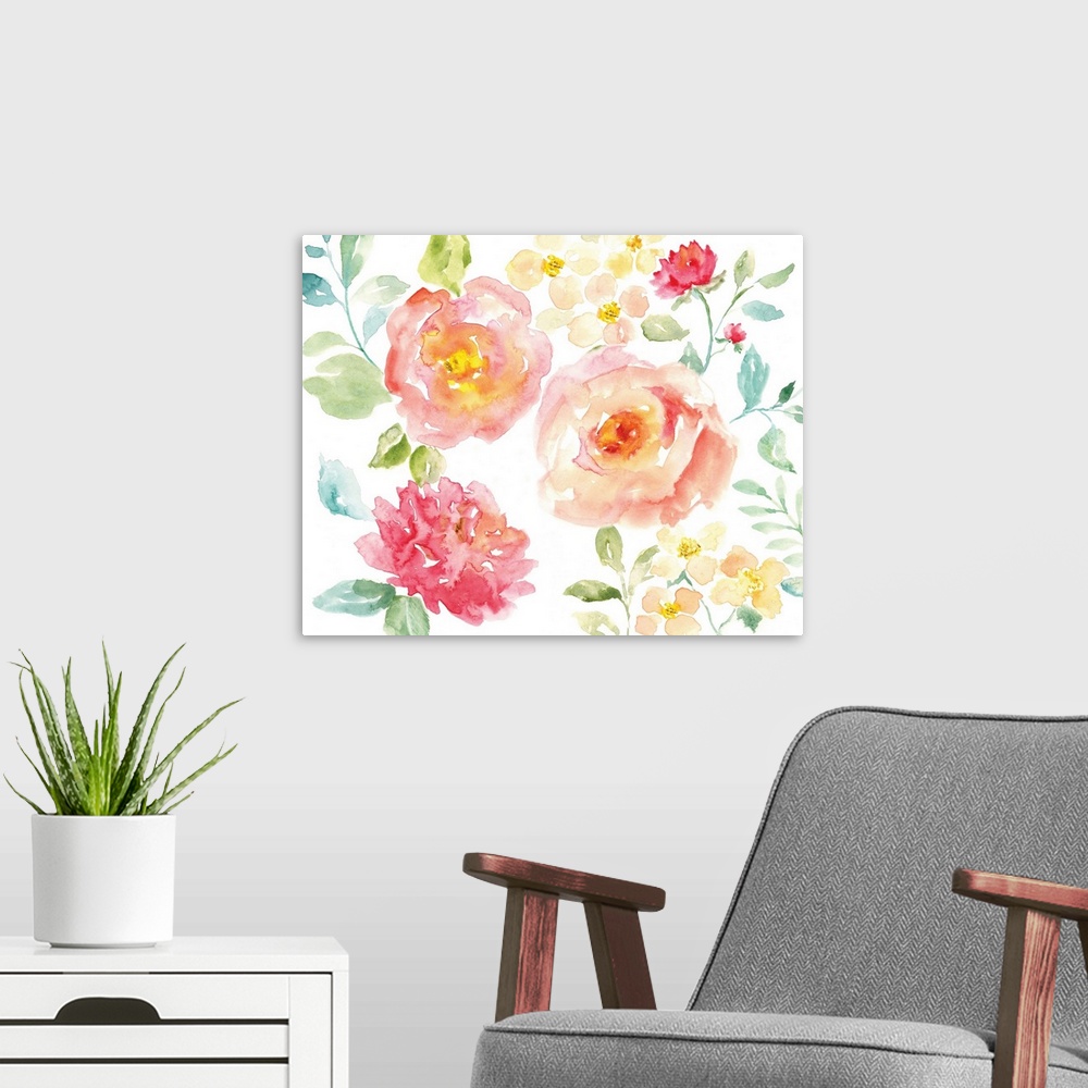 A modern room featuring Large watercolor painting of pink flowers with green and blue toned leaves and stems on a white b...