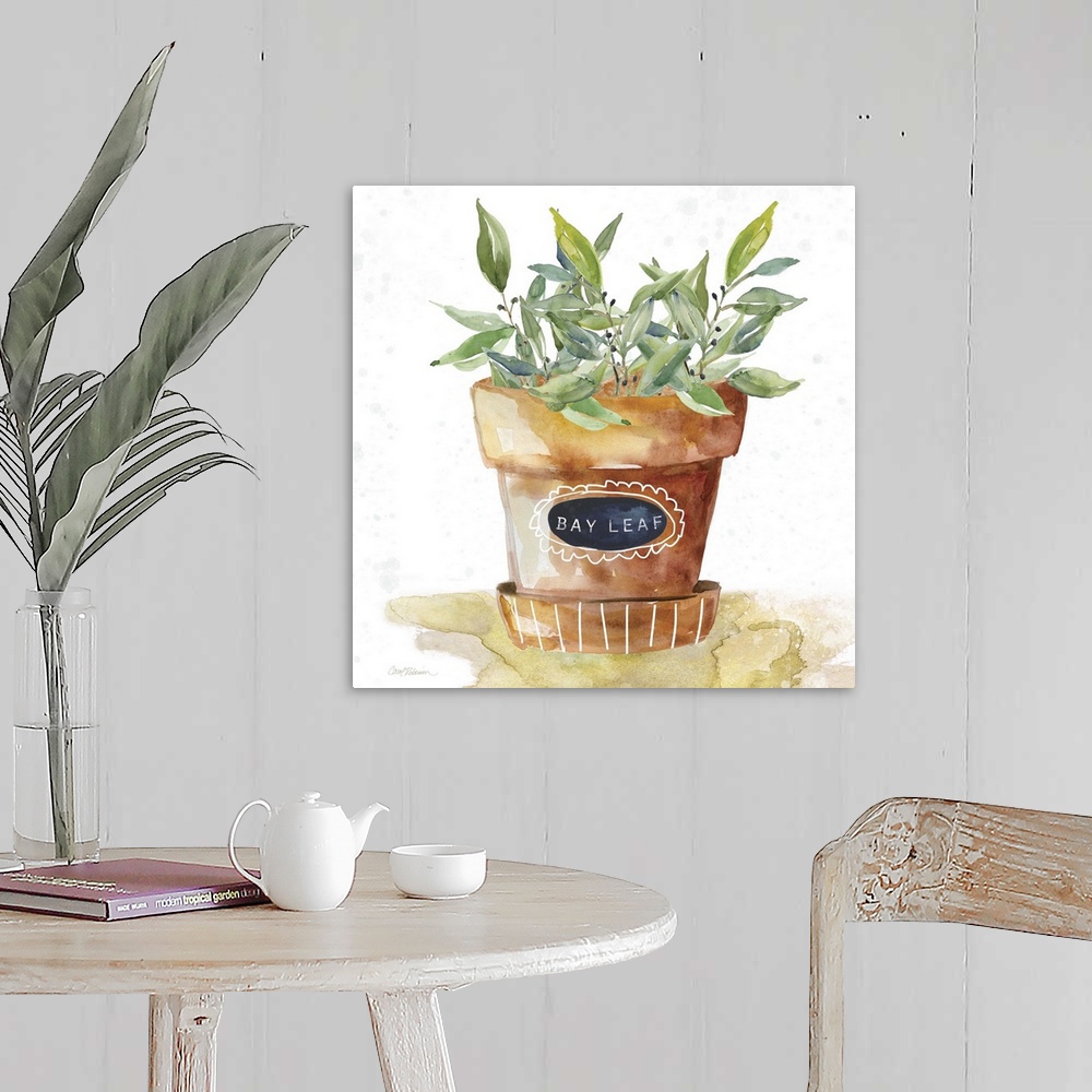 A farmhouse room featuring Square watercolor painting of a potted bay leaf plant.