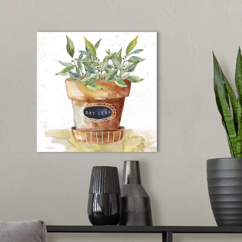 A modern room featuring Square watercolor painting of a potted bay leaf plant.
