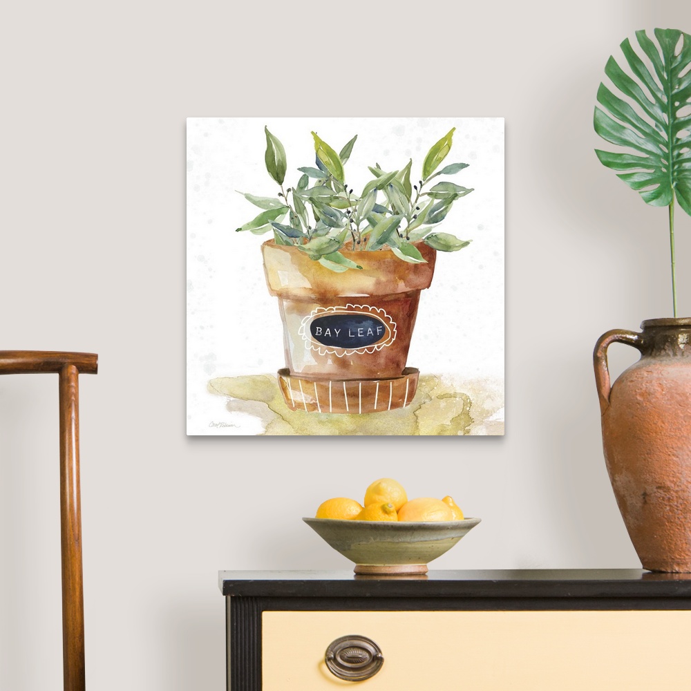 A traditional room featuring Square watercolor painting of a potted bay leaf plant.