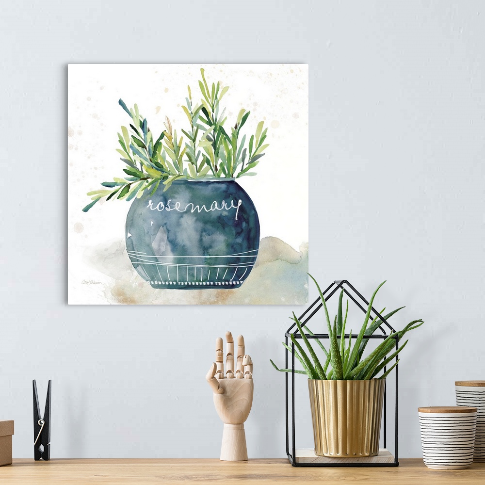 A bohemian room featuring Square watercolor painting of a potted rosemary plant.