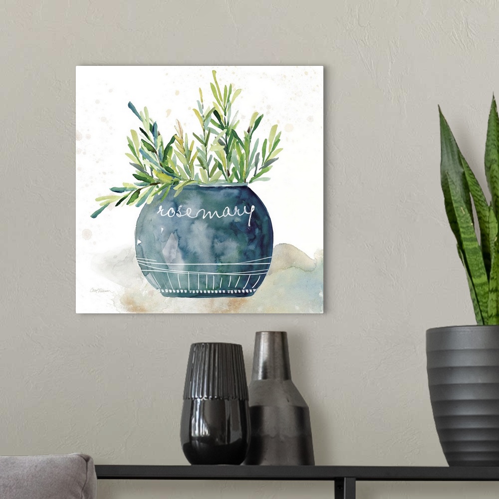 A modern room featuring Square watercolor painting of a potted rosemary plant.