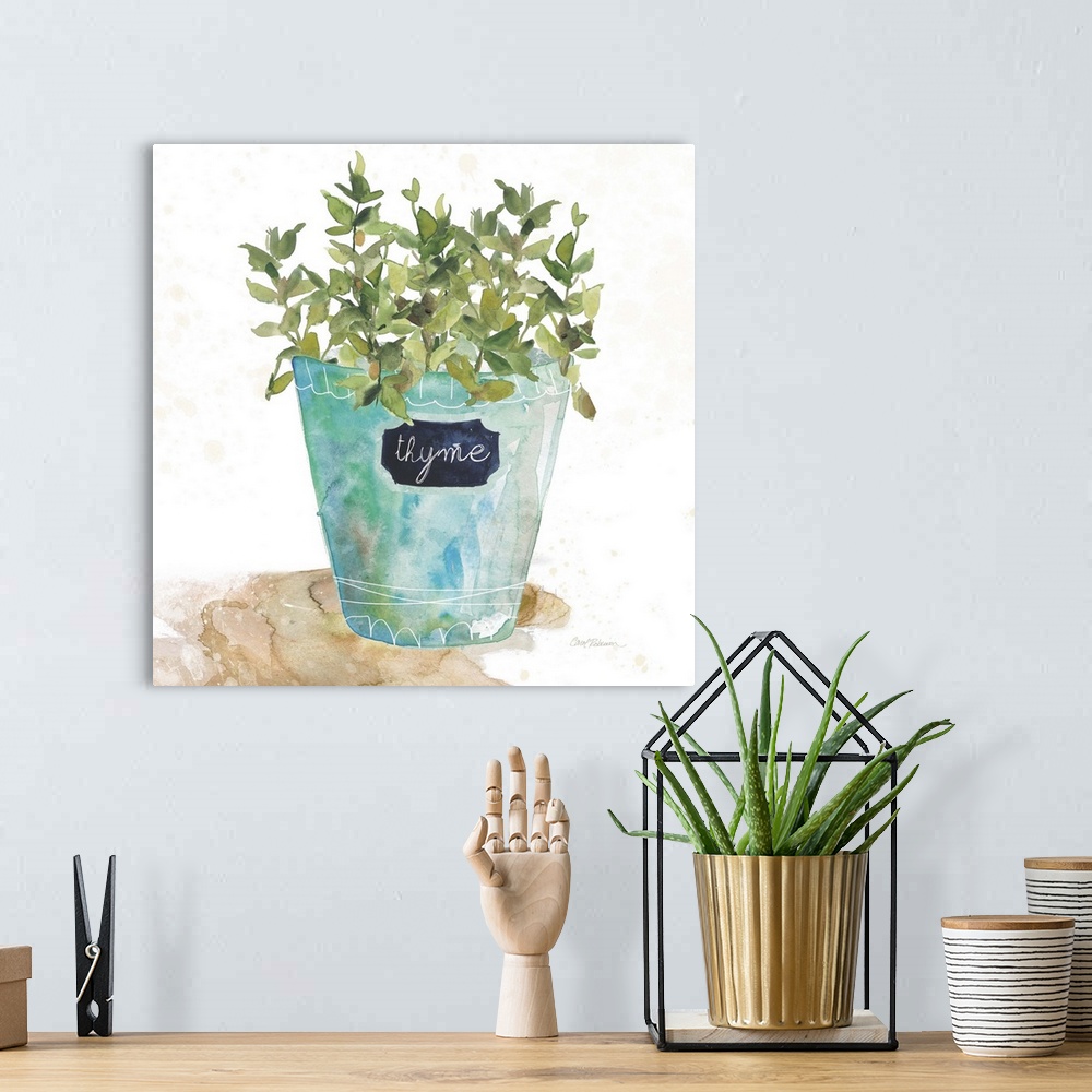 A bohemian room featuring Square watercolor painting of a potted thyme plant.