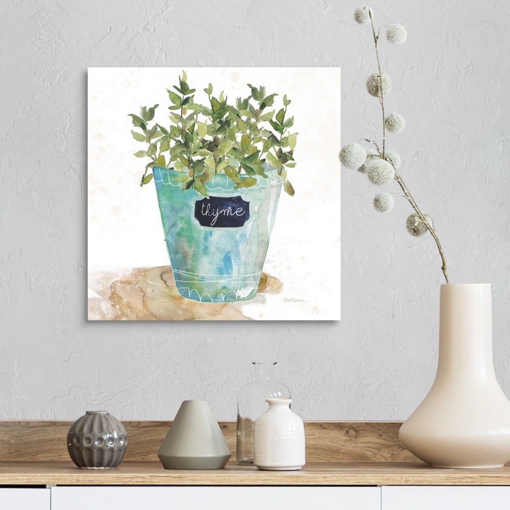 A farmhouse room featuring Square watercolor painting of a potted thyme plant.