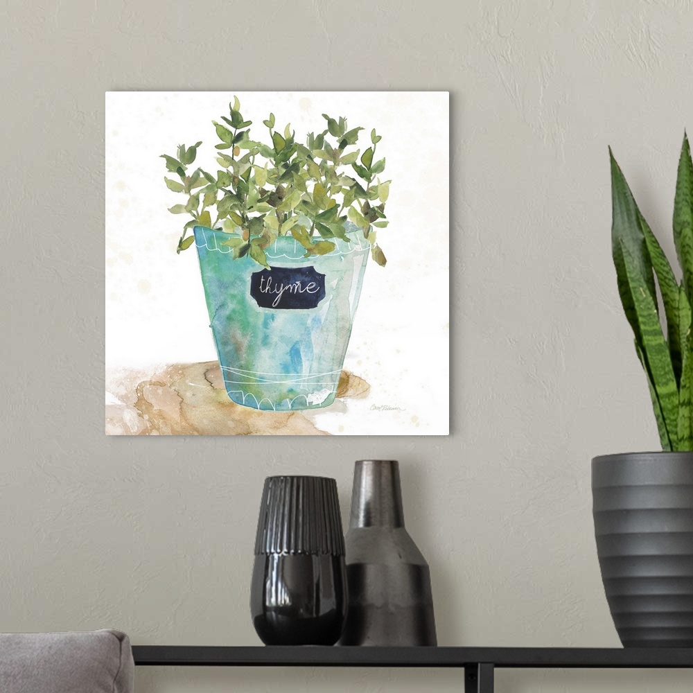 A modern room featuring Square watercolor painting of a potted thyme plant.