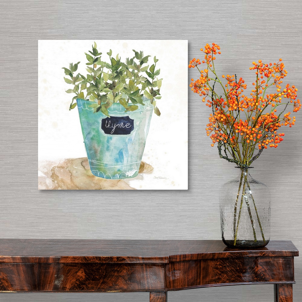 A traditional room featuring Square watercolor painting of a potted thyme plant.