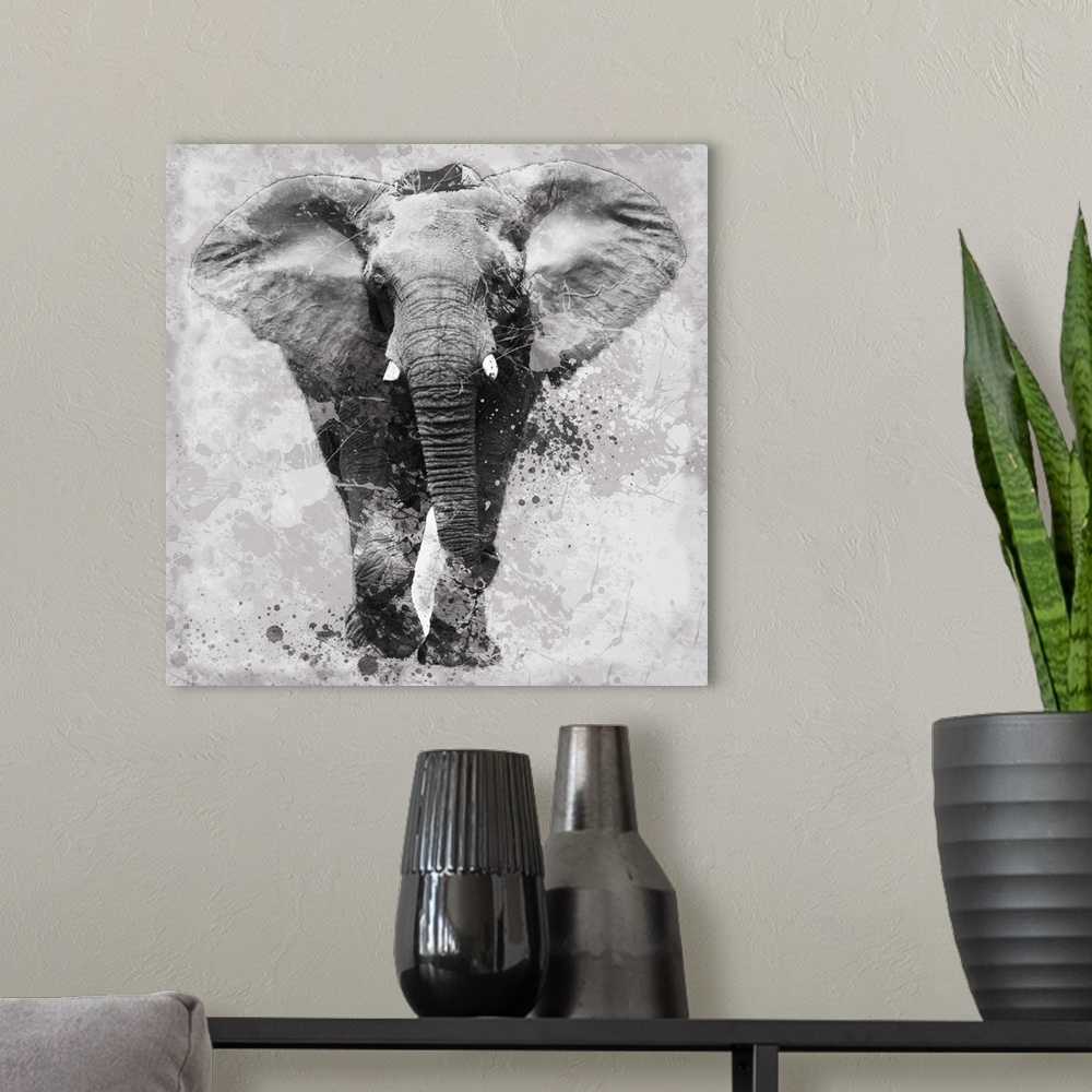 A modern room featuring Contemporary artwork of an elephant against a textured looking background with an overall grungy ...