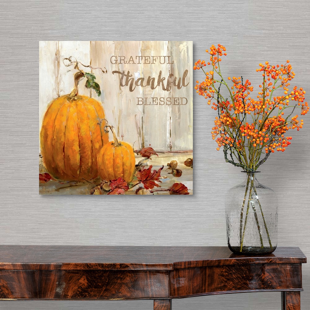 A traditional room featuring "Grateful, Thankful, Blessed" written on a square canvas with illustrated pumpkins, acorns, and F...