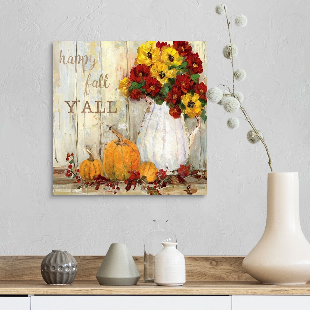 A farmhouse room featuring "Happy Fall Y'all" written on a square canvas with illustrated pumpkins, flowers, acorns, and Fal...