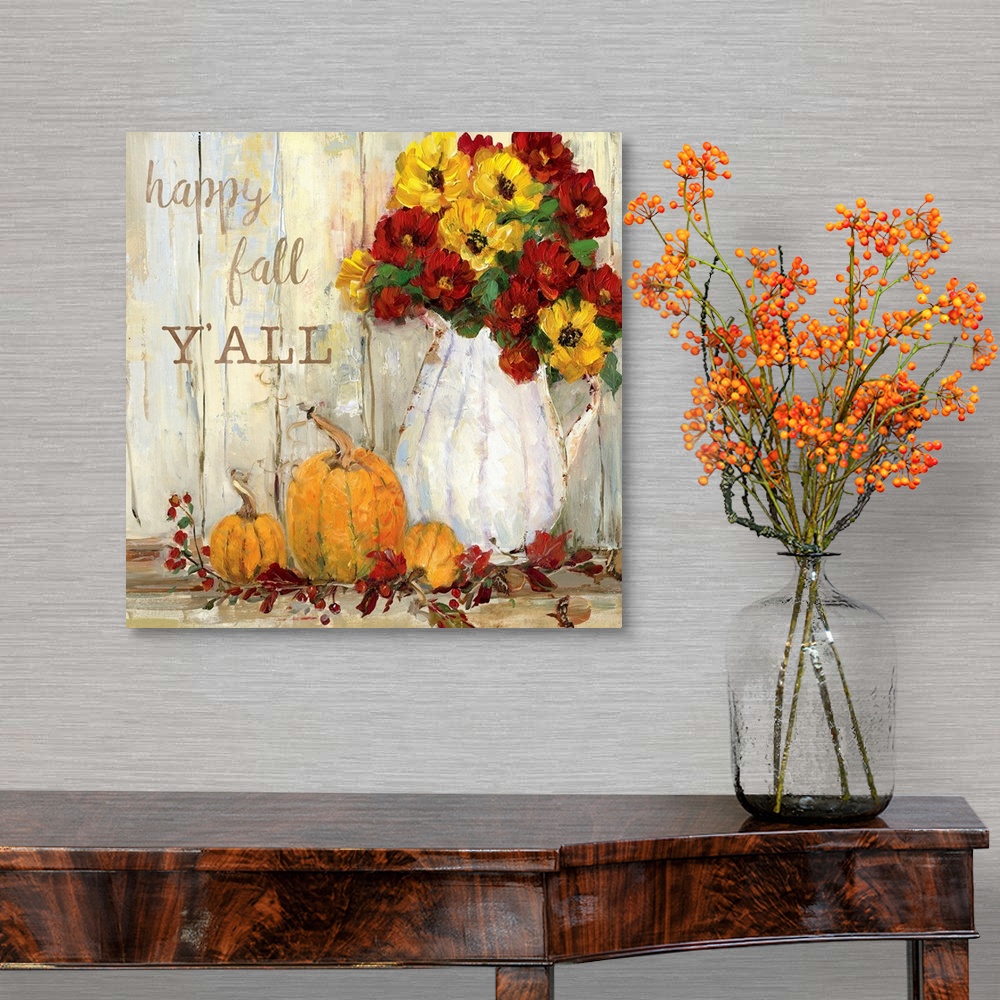 A traditional room featuring "Happy Fall Y'all" written on a square canvas with illustrated pumpkins, flowers, acorns, and Fal...