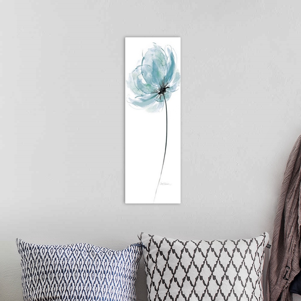 A bohemian room featuring A watercolor painting of a single blue flower with hints of green and a black center and stem.