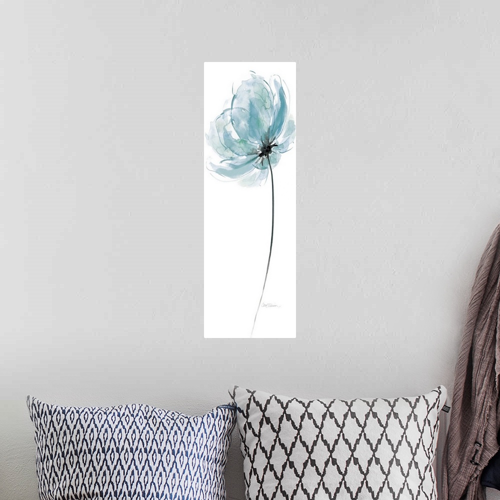 A bohemian room featuring A watercolor painting of a single blue flower with hints of green and a black center and stem.