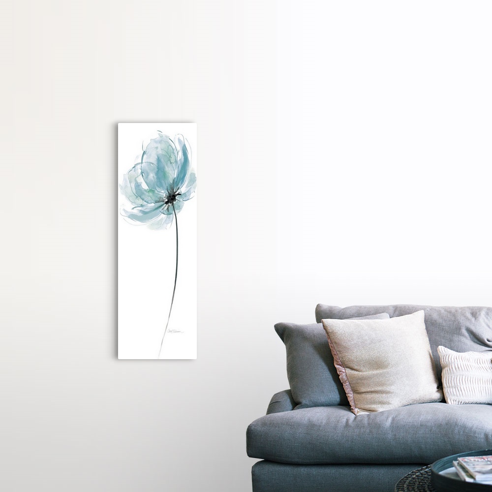 A farmhouse room featuring A watercolor painting of a single blue flower with hints of green and a black center and stem.