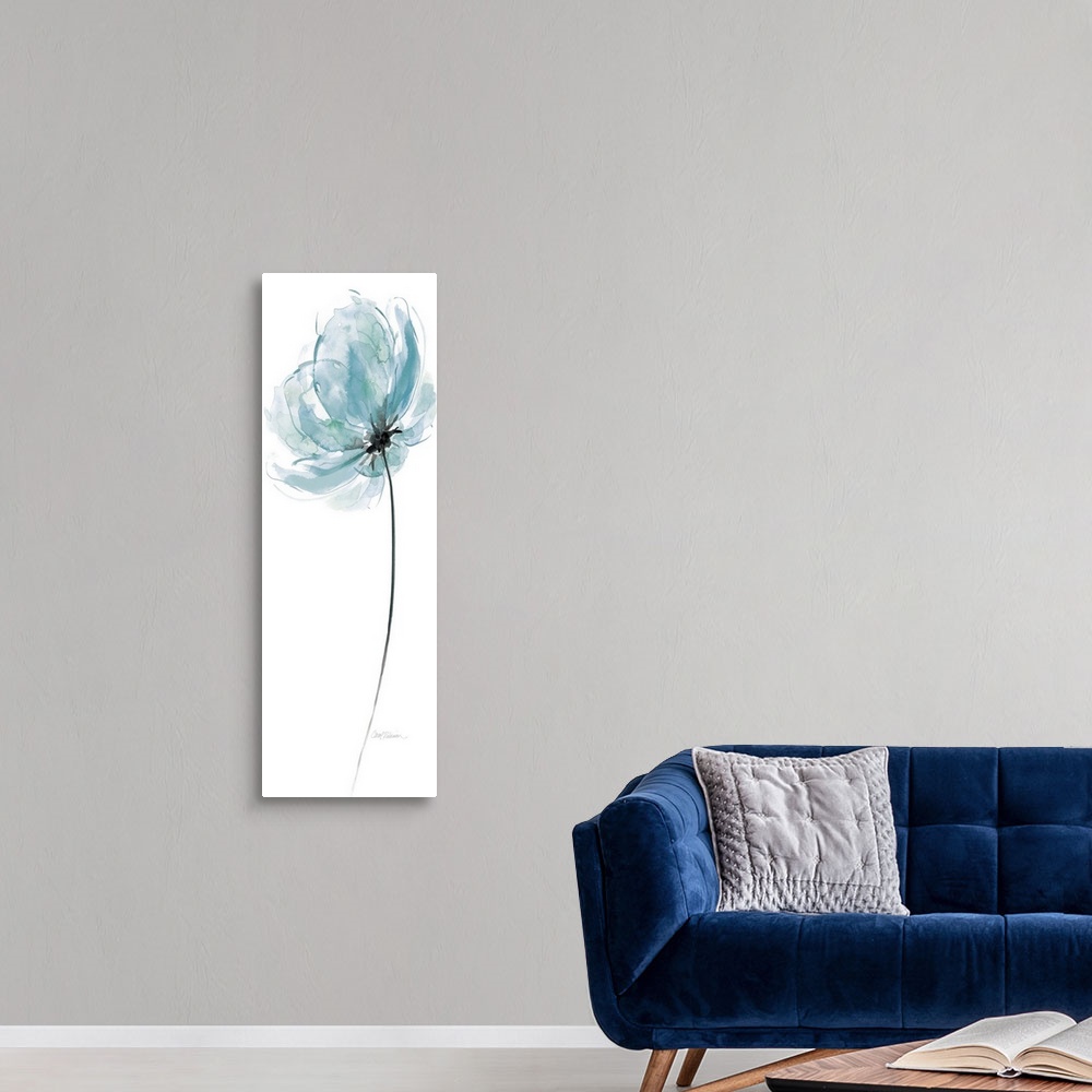 A modern room featuring A watercolor painting of a single blue flower with hints of green and a black center and stem.