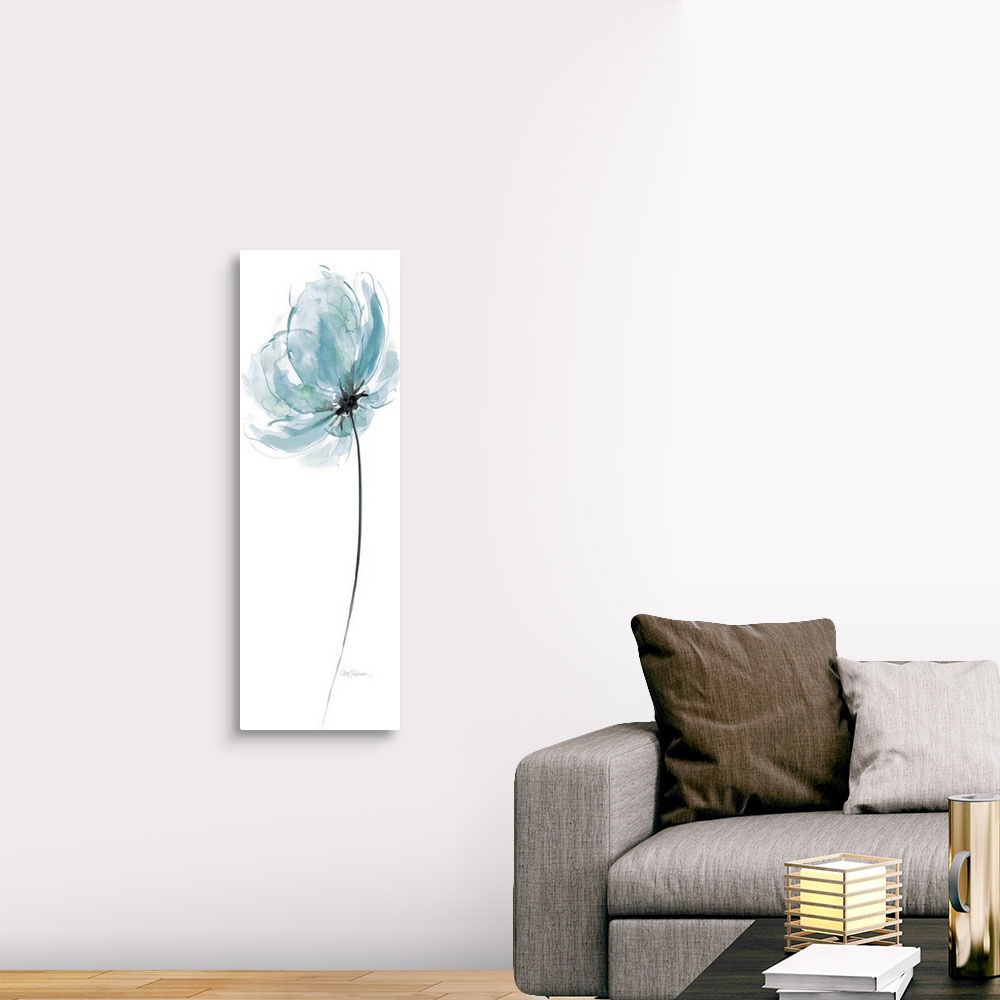 A traditional room featuring A watercolor painting of a single blue flower with hints of green and a black center and stem.