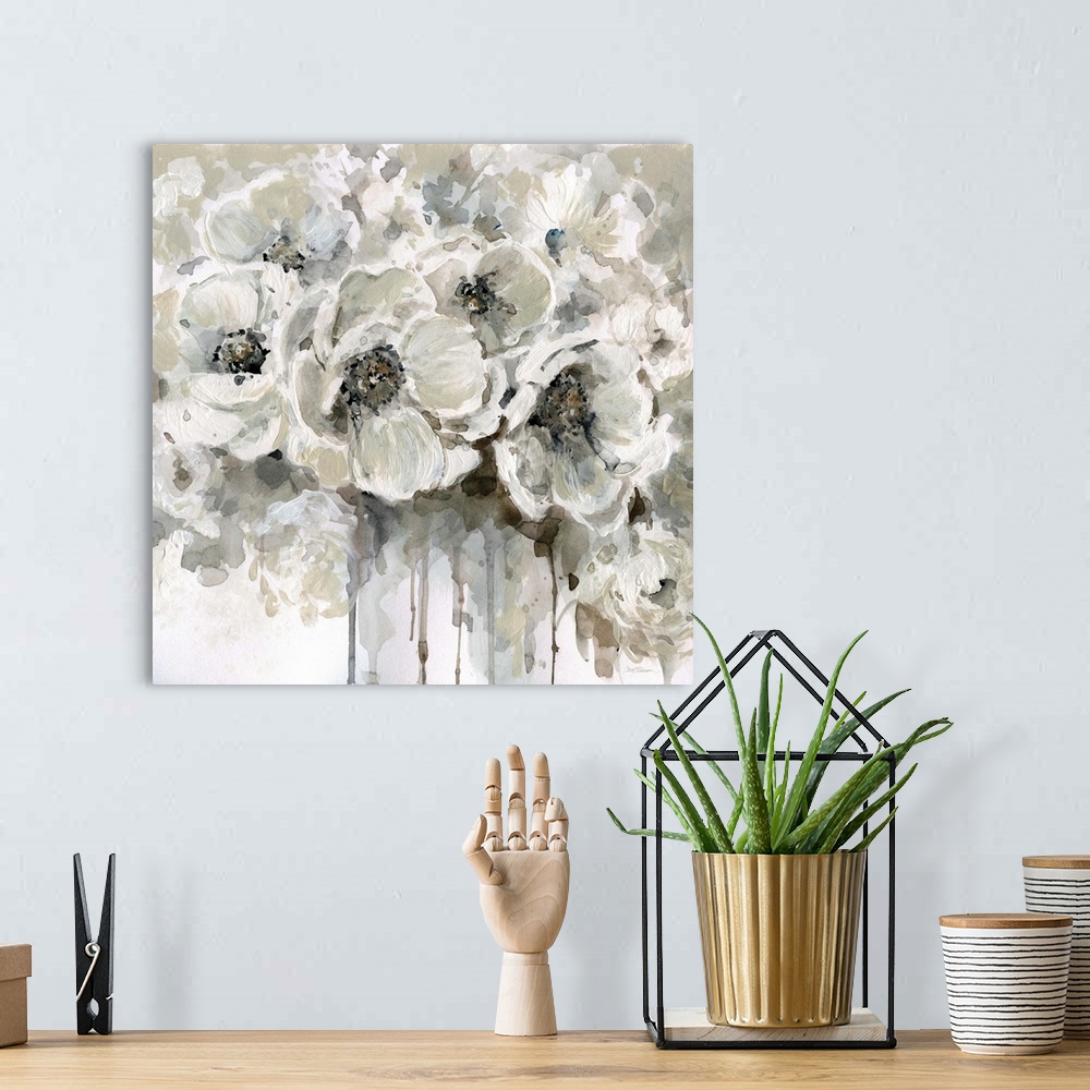 A bohemian room featuring Square painting of a bouquet of white poppies with paint dripping down to the bottom.