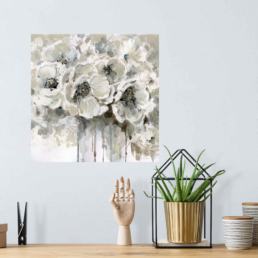 A bohemian room featuring Square painting of a bouquet of white poppies with paint dripping down to the bottom.