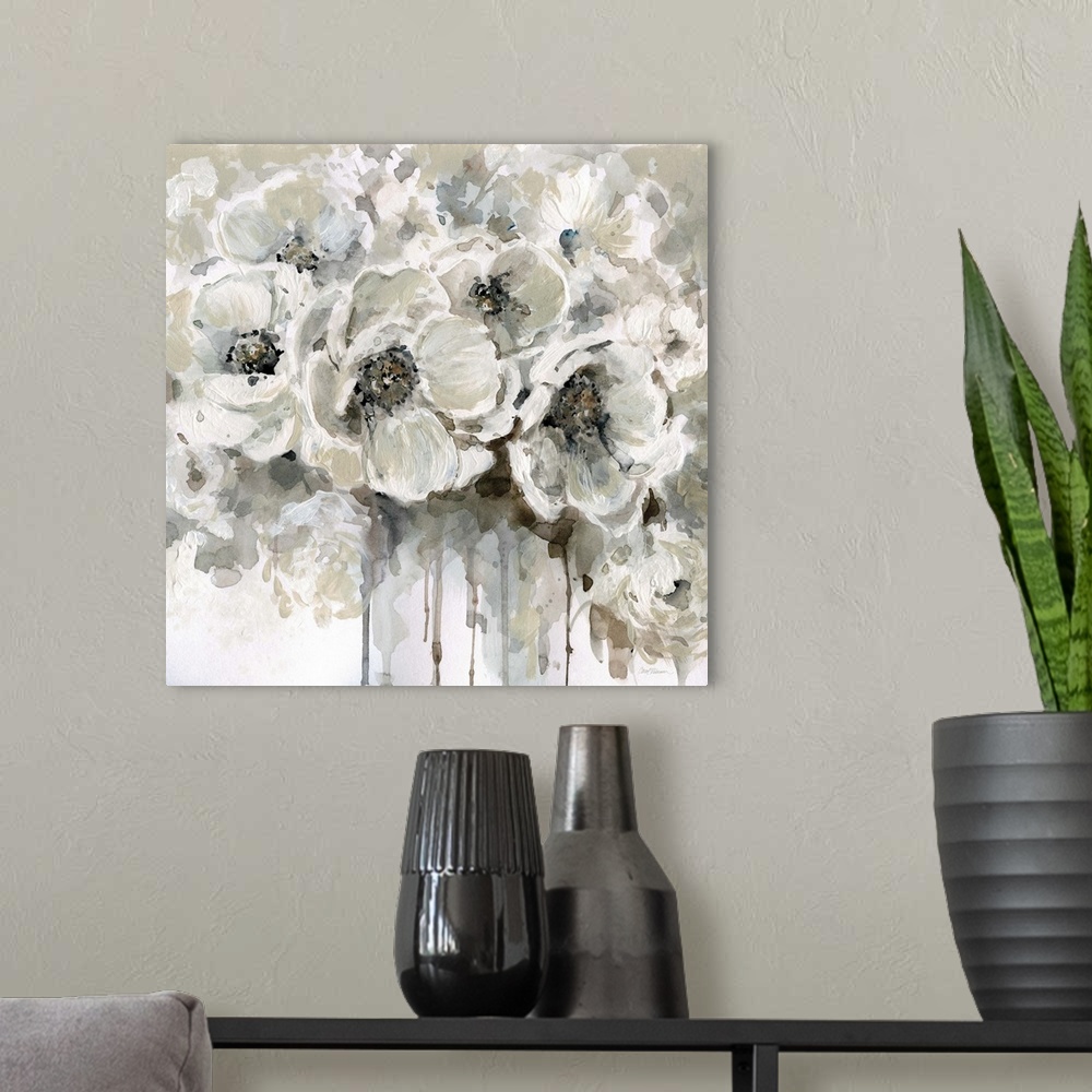 A modern room featuring Square painting of a bouquet of white poppies with paint dripping down to the bottom.