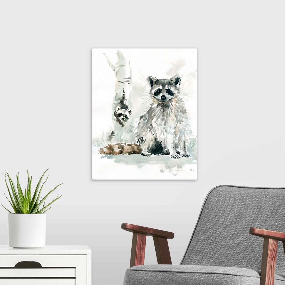 A modern room featuring Contemporary watercolor painting of a mother and baby raccoon.