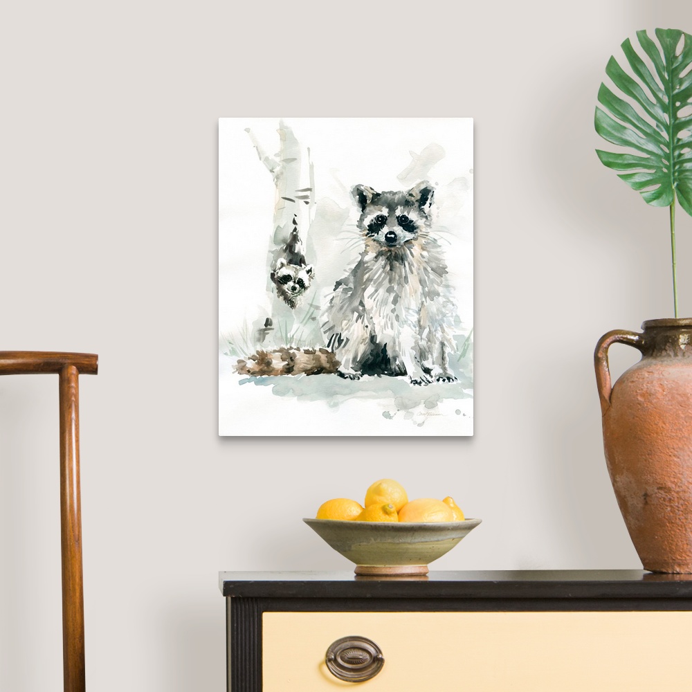 A traditional room featuring Contemporary watercolor painting of a mother and baby raccoon.