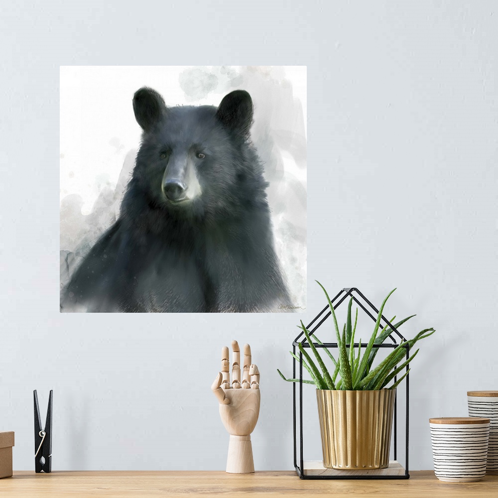 A bohemian room featuring Watercolor portrait of a black bear on white.