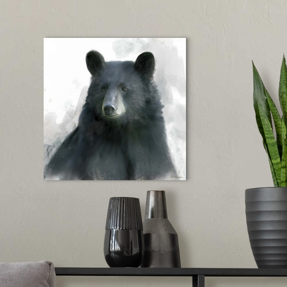 A modern room featuring Watercolor portrait of a black bear on white.