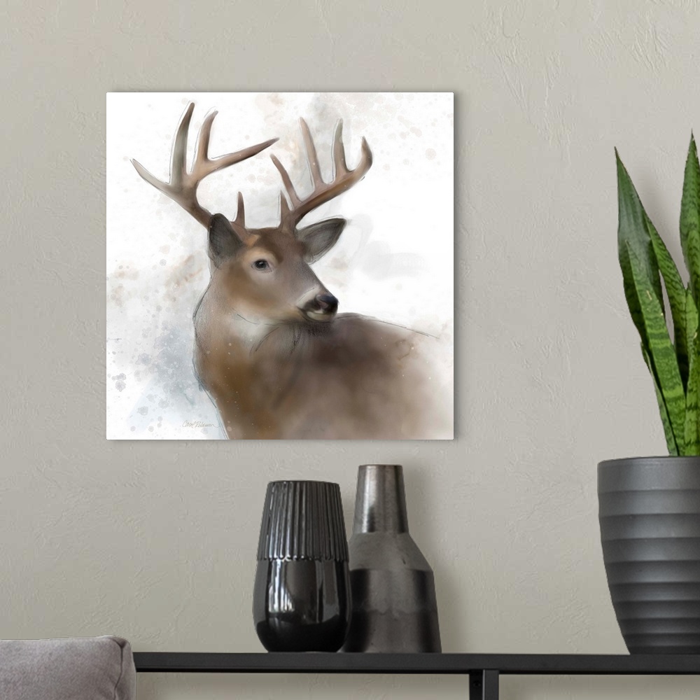 A modern room featuring Watercolor portrait of a stag on white.