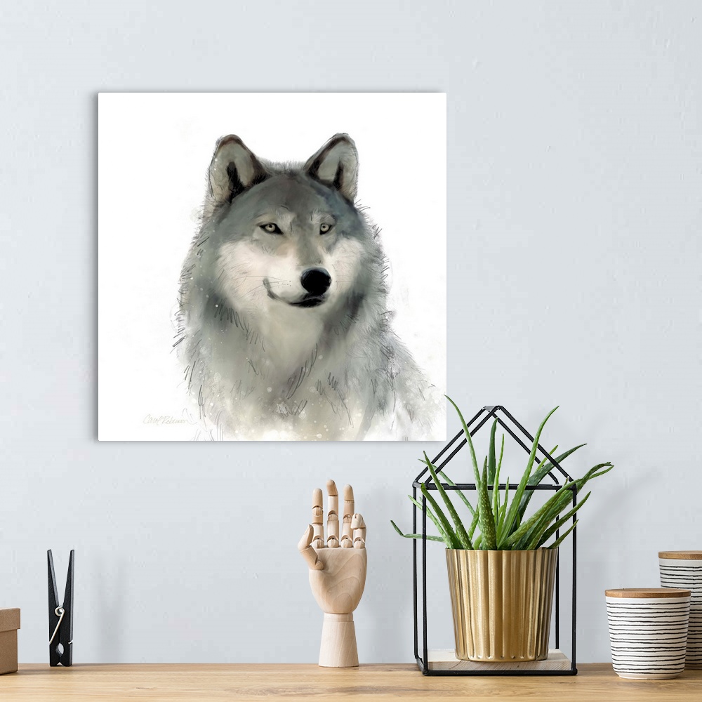 A bohemian room featuring Watercolor portrait of a wolf on white.