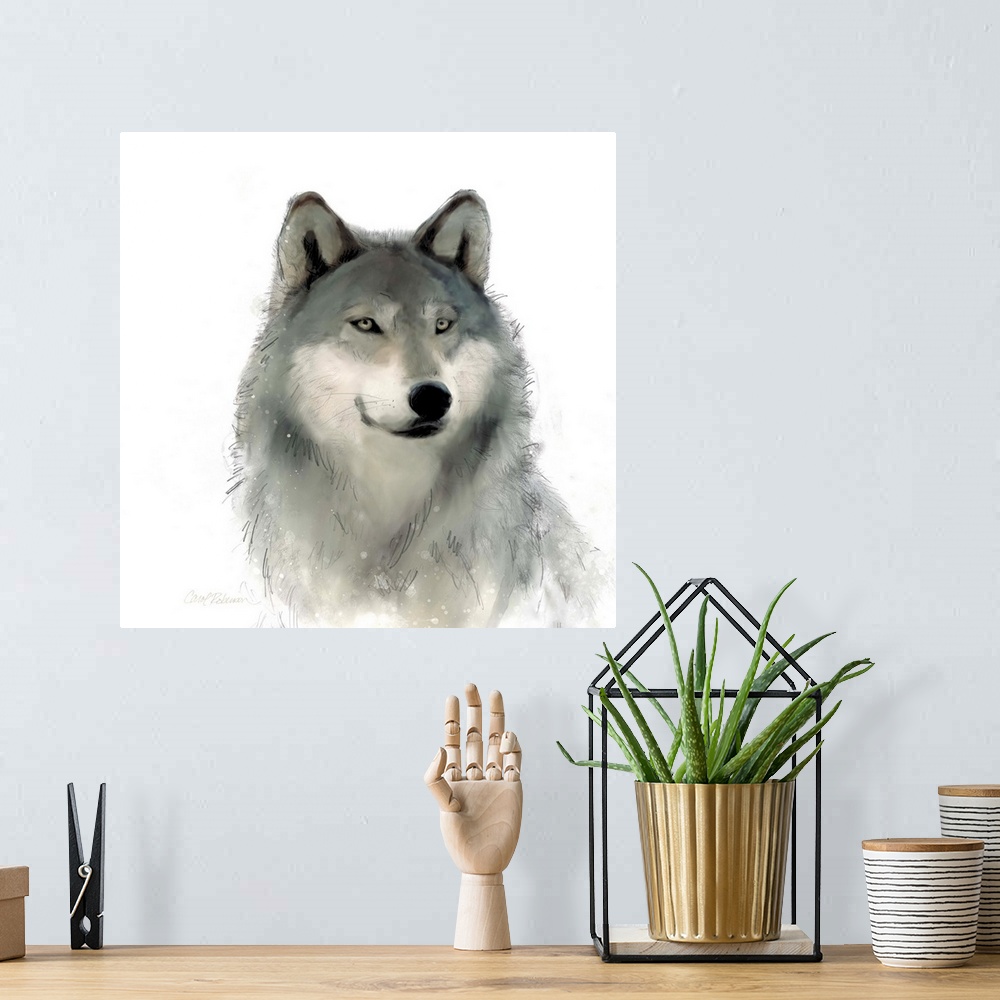 A bohemian room featuring Watercolor portrait of a wolf on white.