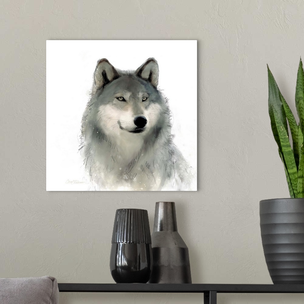A modern room featuring Watercolor portrait of a wolf on white.