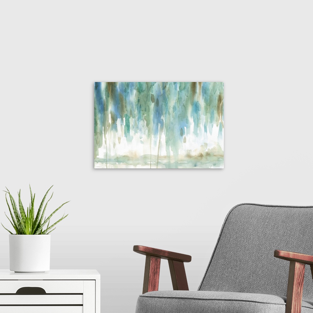 A modern room featuring Contemporary abstract art in cool greens and turquoise, mimicking falling rain.
