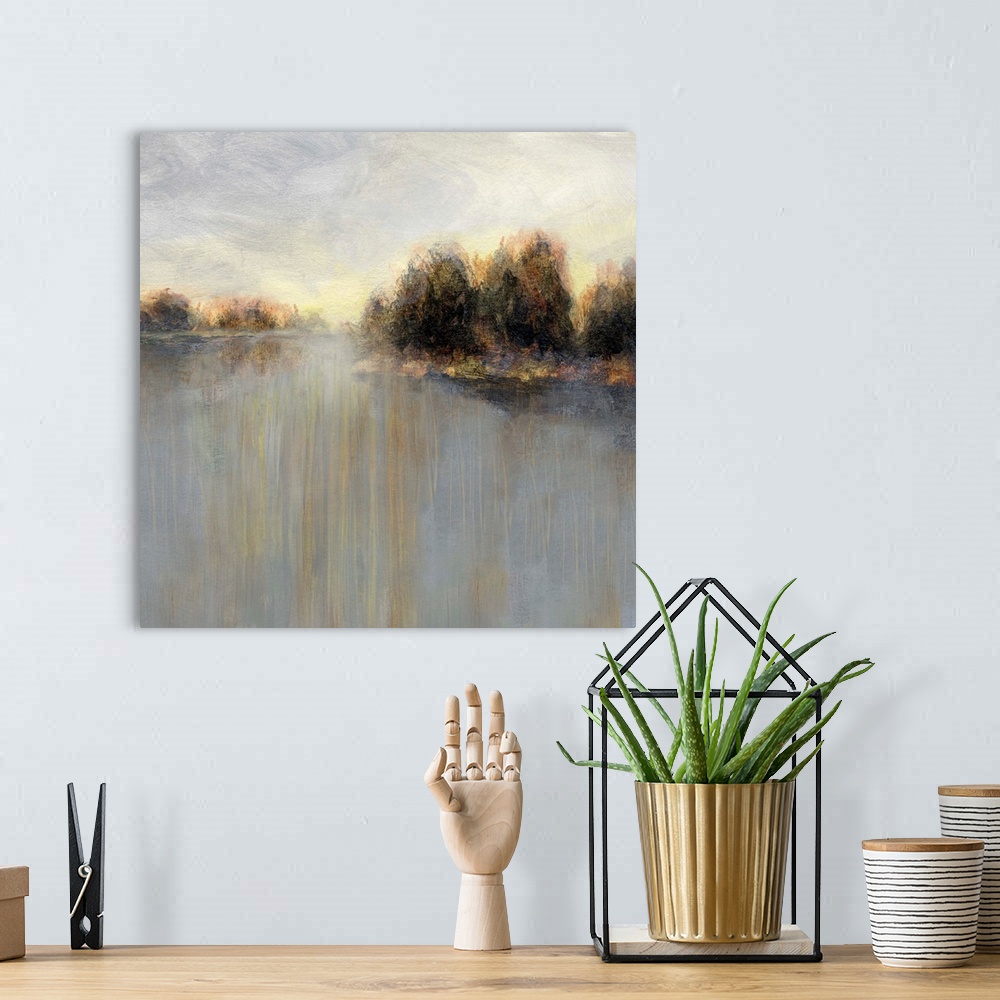 A bohemian room featuring Square abstract landscape of a rainy sunset over a lake lined with trees.