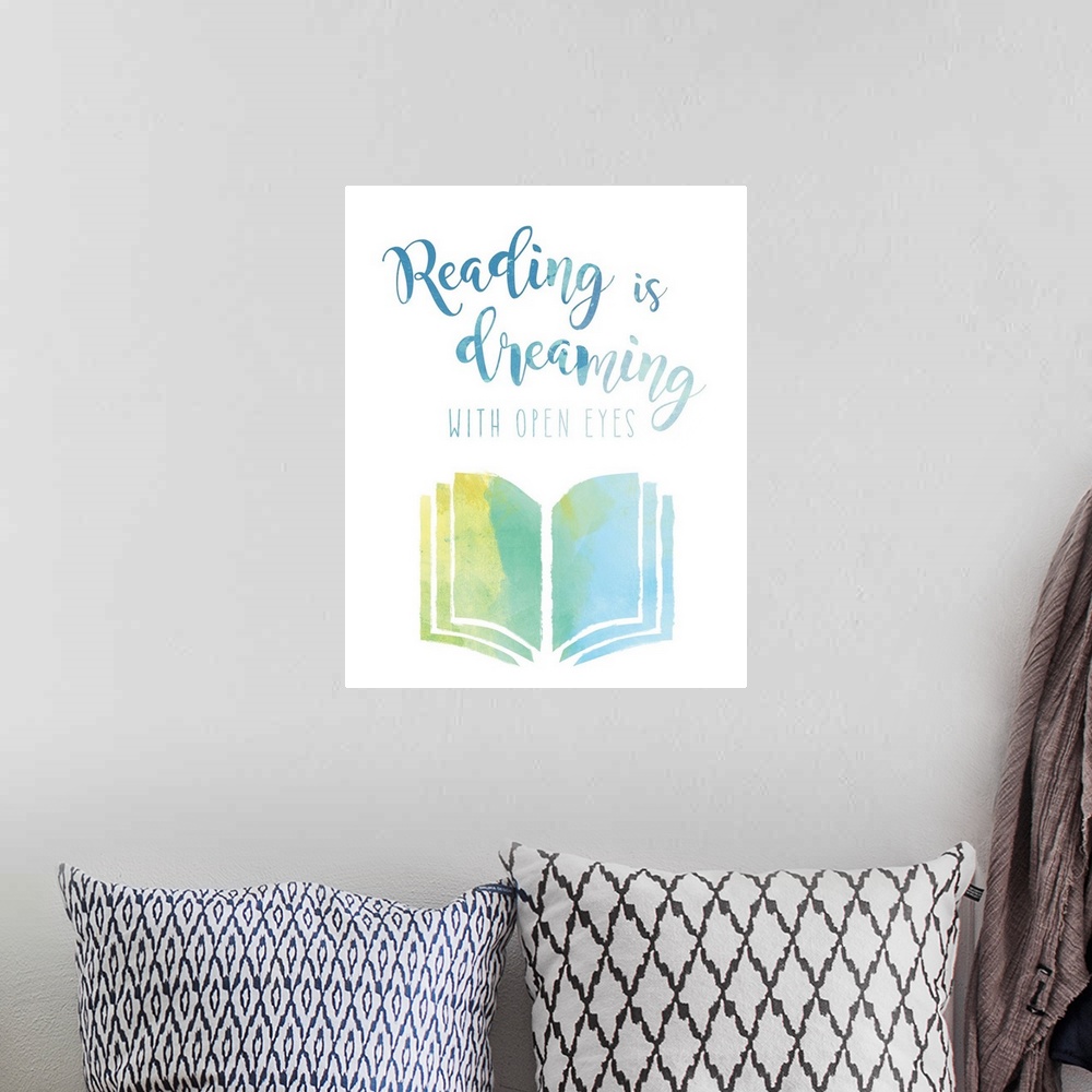 A bohemian room featuring The "Reading is dreaming with open eyes" sentiment is adorned with a book and both are finished i...