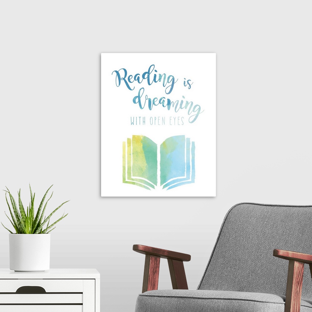 A modern room featuring The "Reading is dreaming with open eyes" sentiment is adorned with a book and both are finished i...