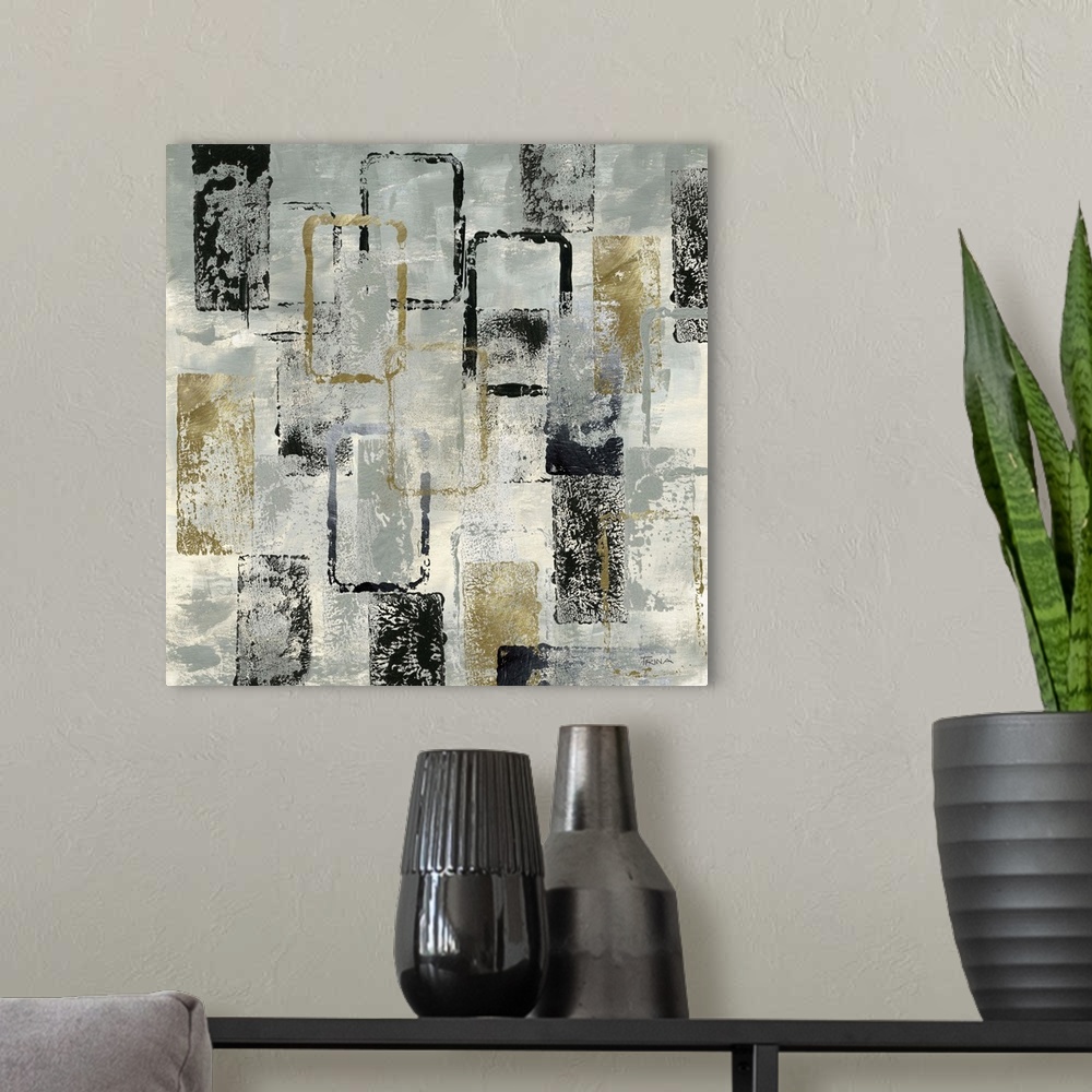 A modern room featuring Square abstract painting with gold and black rectangles on a silver and cream background with a s...