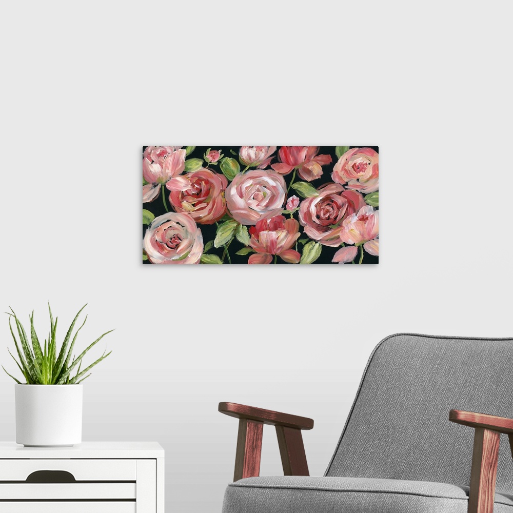 A modern room featuring A long horizontal painting of large pink/red roses and leaves on a black background.