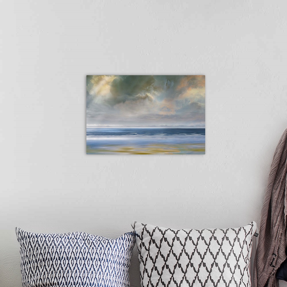 A bohemian room featuring Photograph of light and overcast clouds reflecting onto the ocean.