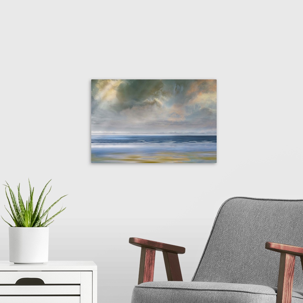 A modern room featuring Photograph of light and overcast clouds reflecting onto the ocean.