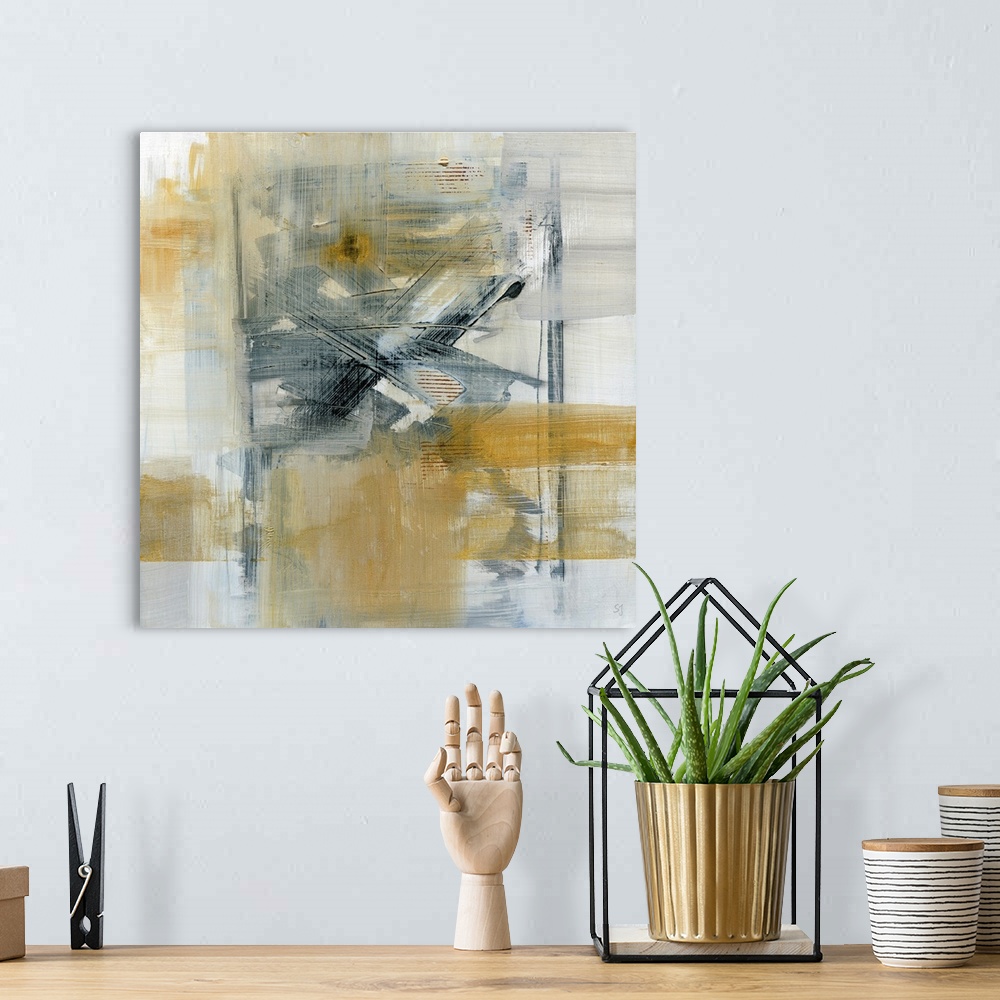 A bohemian room featuring Abstract painting of crosshatched brush strokes in mostly black, yellow and gray on a neutral bac...