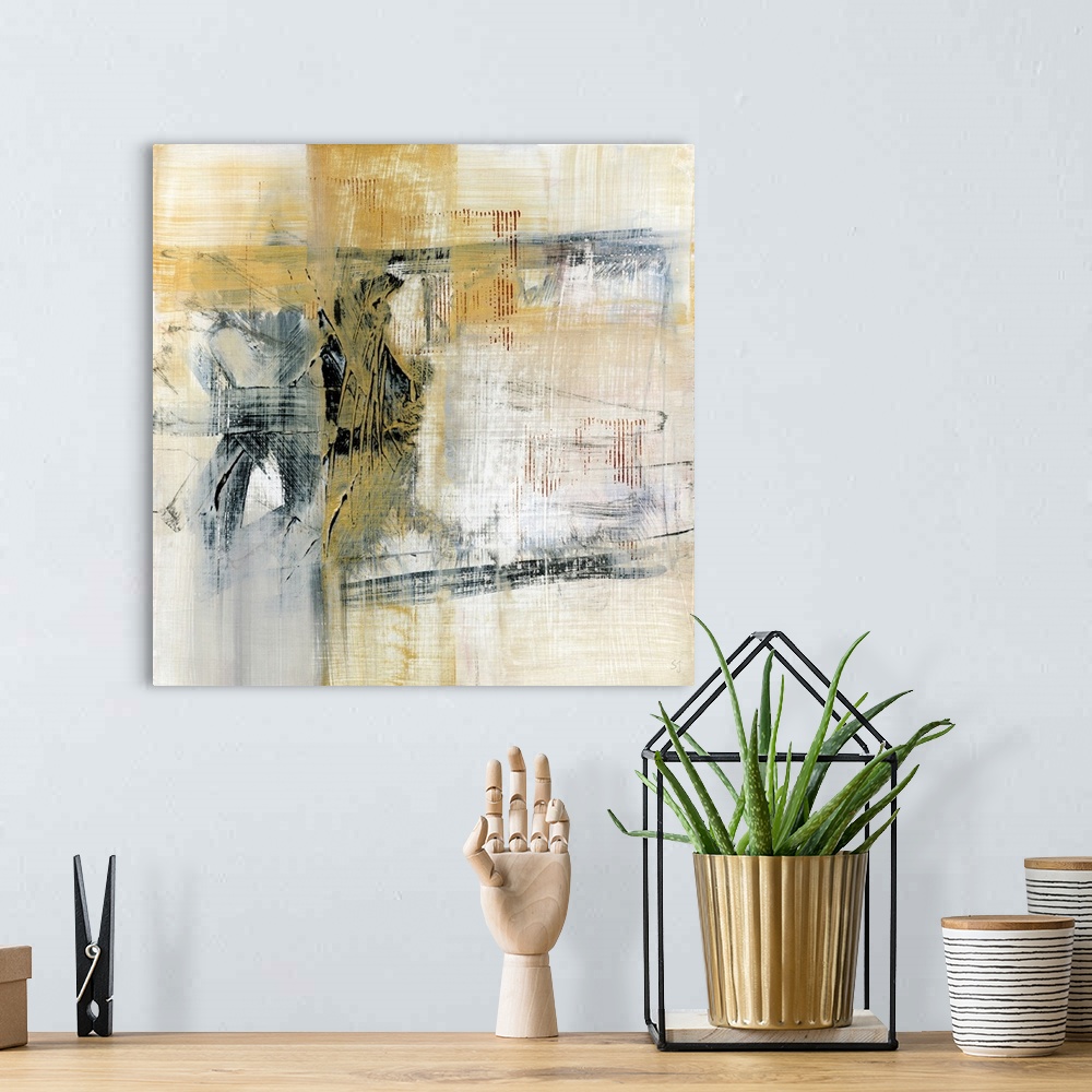 A bohemian room featuring Abstract painting of crosshatched brush strokes in mostly black, yellow and gray on a neutral bac...