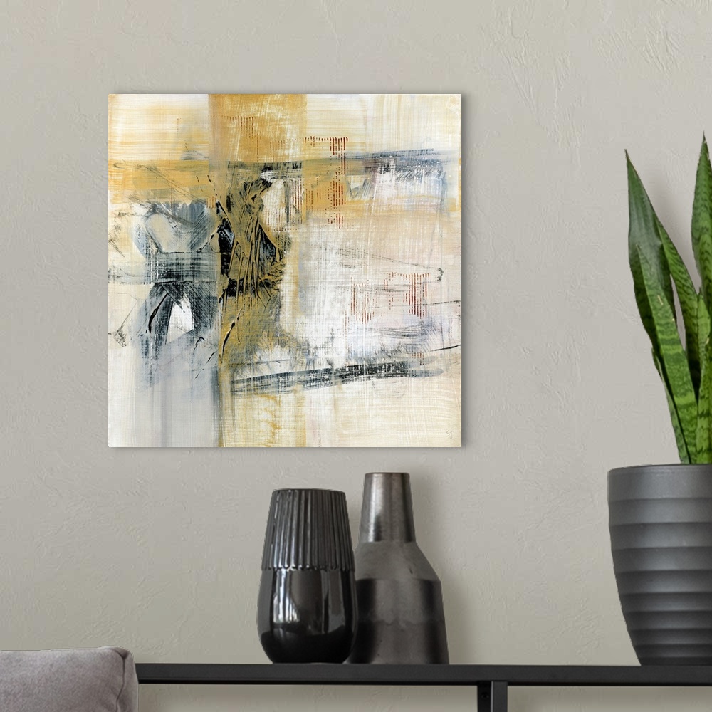 A modern room featuring Abstract painting of crosshatched brush strokes in mostly black, yellow and gray on a neutral bac...
